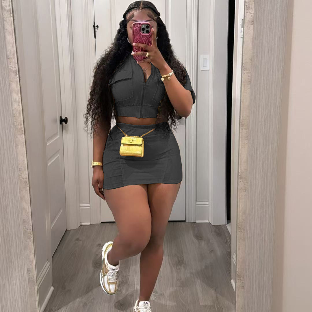 Women Fashion Casual Cardigan Zipper Short-Sleeved Top Skirt Two-Piece Set