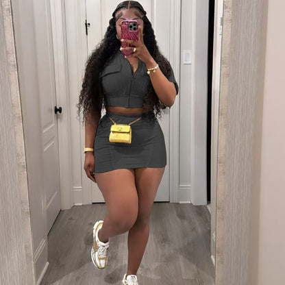 Women Fashion Casual Cardigan Zipper Short-Sleeved Top Skirt Two-Piece Set