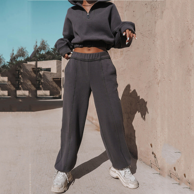 Women Solid Color Stand Collar Zip Long Sleeve Top And Pants Casual Sports Two Piece Set