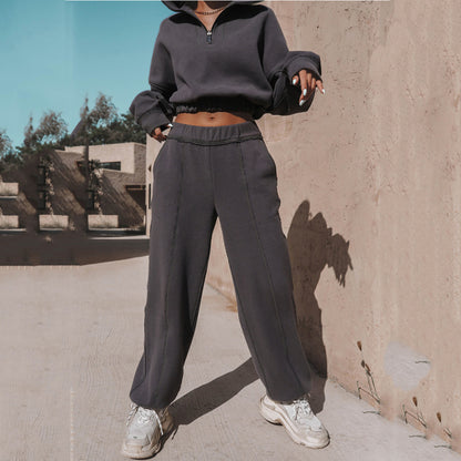 Women Solid Color Stand Collar Zip Long Sleeve Top And Pants Casual Sports Two Piece Set