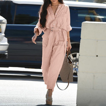 Women Fashion Casual Button Belt Cargo Jumpsuits