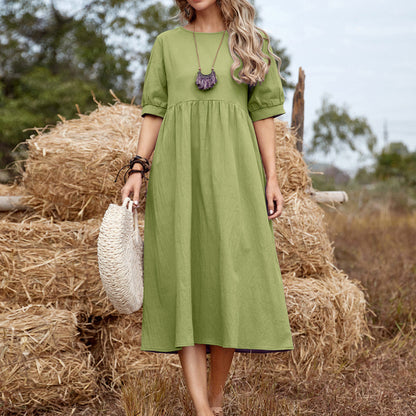 Women Casual Solid Color Loose Midi Short Sleeves Round Neck Dress