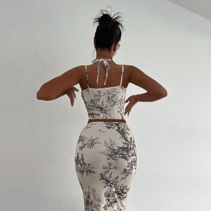 Conjunto informal de dos piezas con top y falda con cuello halter y estampado retro para mujer
