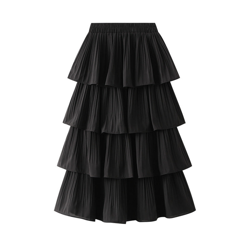 Women Casual Solid Color Stitching Pleated Skirt