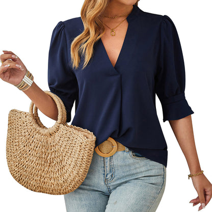 Women Fashion Casual Solid Color V-Neck Short-Sleeve Blouse