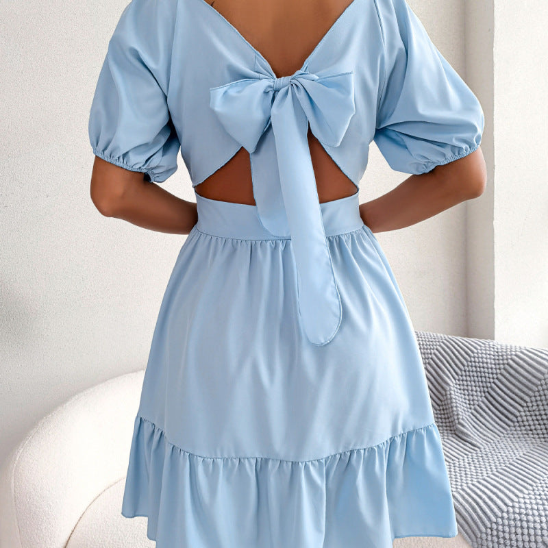 Women Fashion Casual Solid Color Puff Sleeve Square Neck Back Bowknot Dress