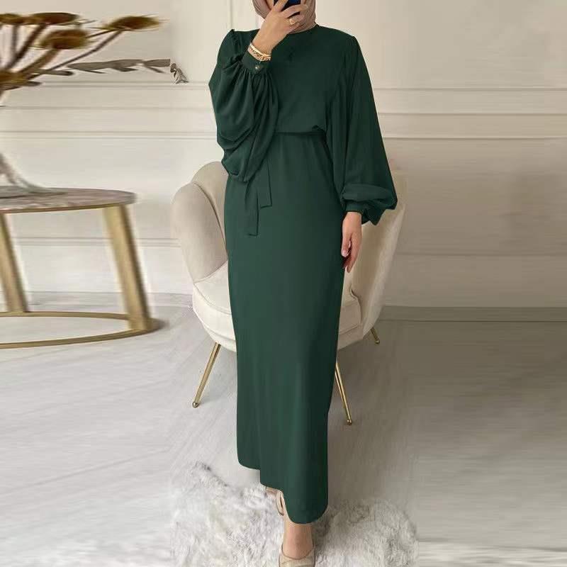 Women Fashion Casual Solid Color Round Neck Puff Sleeve Maxi Dress