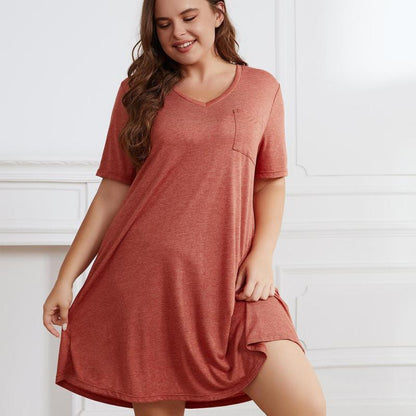 Plus Size Women Casual Summer Short Sleeve Solid Color V Neck Loose Dress
