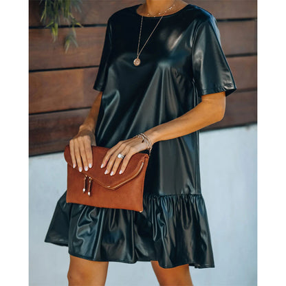 Spring Ruffle Loose Patent Leather Casual Women Solid Pu Dress