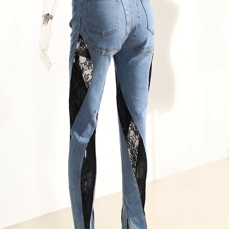 Vaqueros rectos de cintura alta con encaje y retazos informales a la moda para mujer