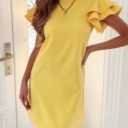 Women'S Summer Simple Short Sleeve Casual Solid Color Ruffled Backless Dress