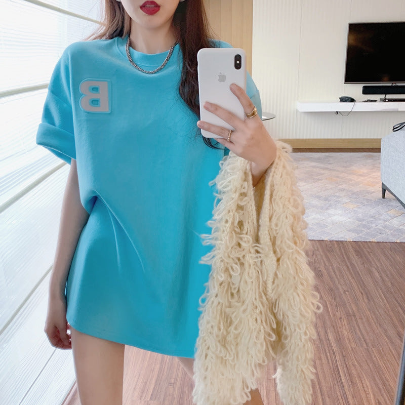 Camiseta informal de manga corta con estampado de letras fluorescentes para mujer, talla grande