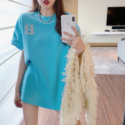 Camiseta informal de manga corta con estampado de letras fluorescentes para mujer, talla grande