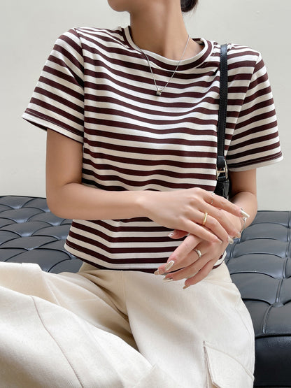 Camiseta informal de verano para mujer, con rayas, cuello redondo y manga corta