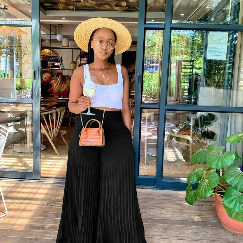 Women Fashion Casual Solid Color Pleated Wide Leg Pants