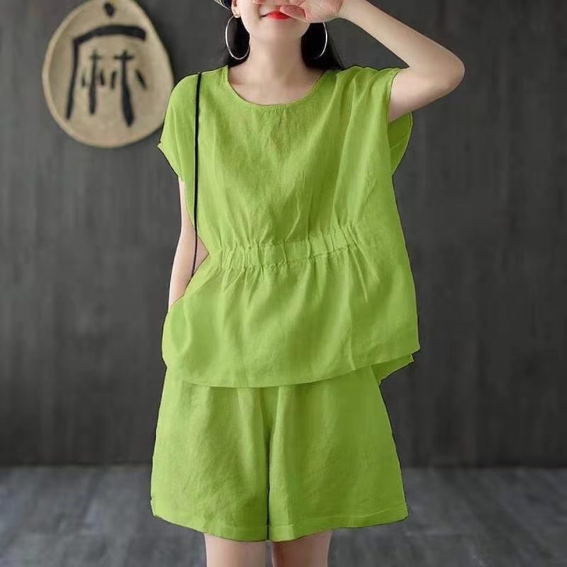 Conjunto de dos piezas de pantalones de lino y algodón de manga corta de color liso informal para mujer
