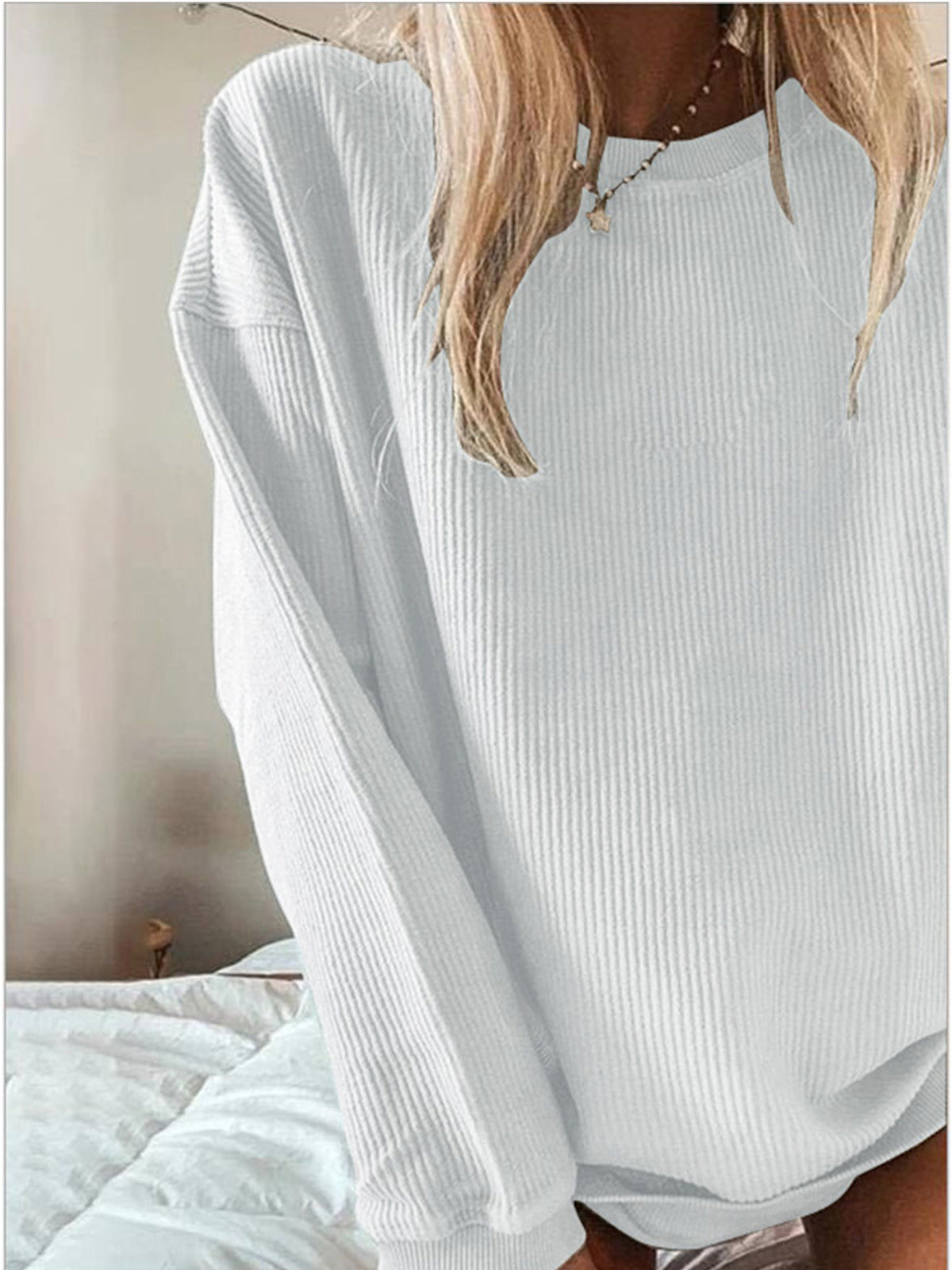 Sudadera informal de manga larga con cuello redondo y color liso para mujer