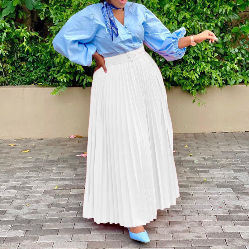 Women Solid Color High Waist Pleated Fashion Casual Loose Long Skirts