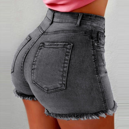 Women Casual Summer High Waist Raw Hem Denim Shorts With Pockets