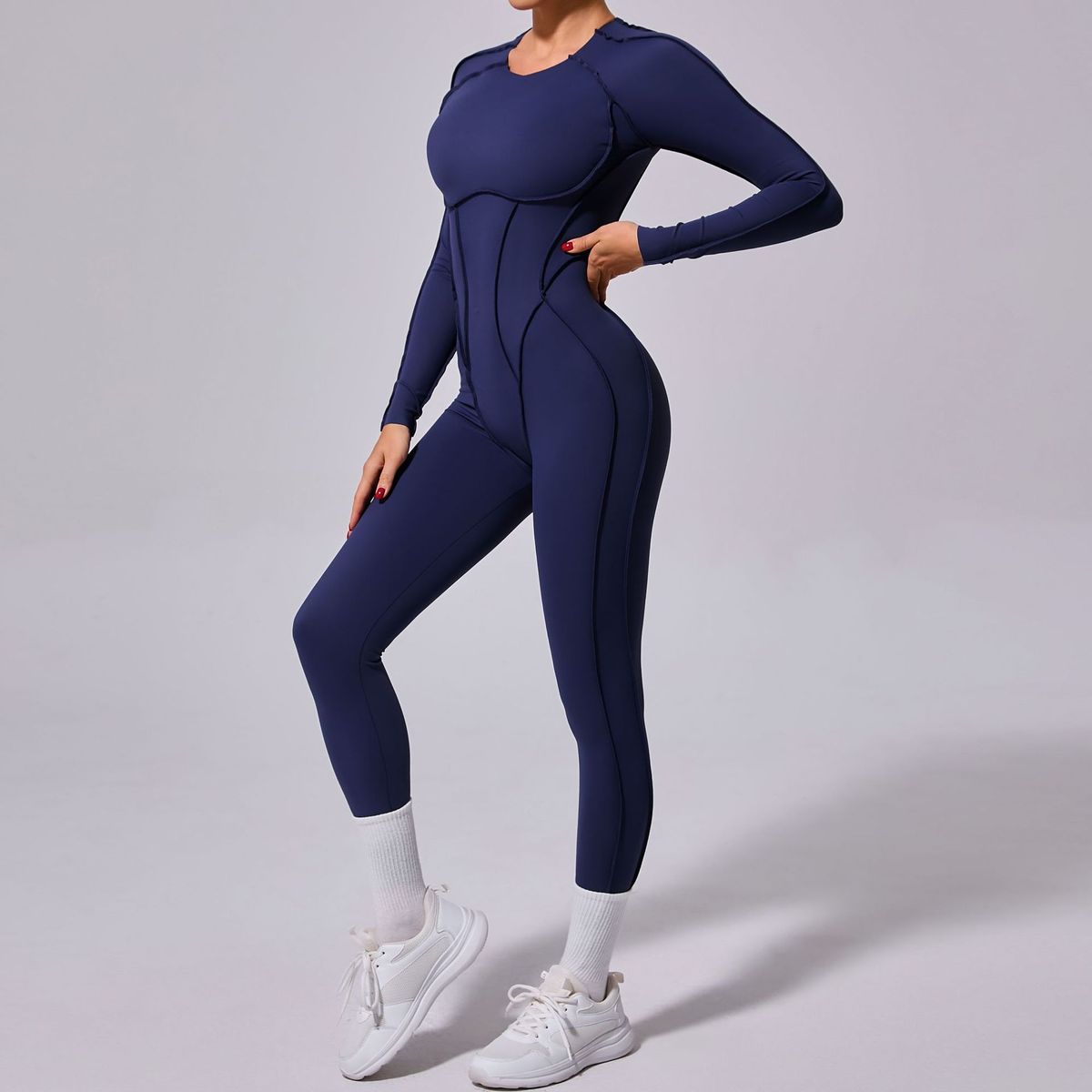 Women Fashion Casual Solid Color Long-Sleeve Backless One-Piece Yoga Sports Jumpsuits