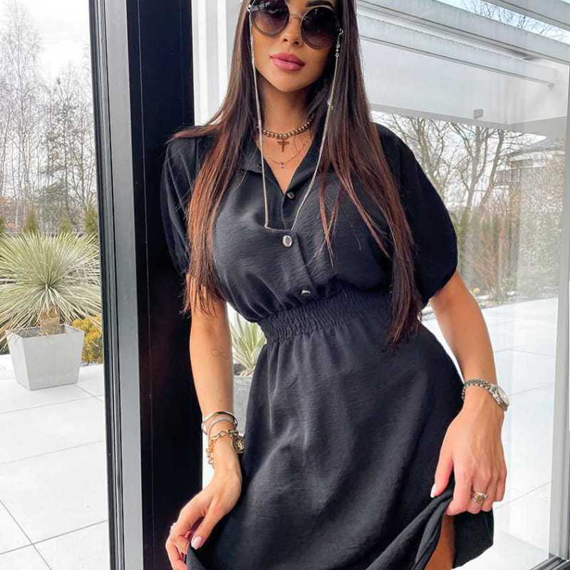 Vestido informal de manga corta con solapa y botonadura sencilla de color liso para mujer