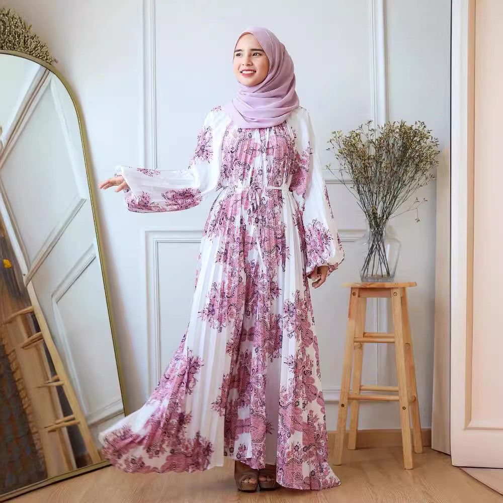Women Casual Fashion Print Abaya Long Sleeve Maxi Dress