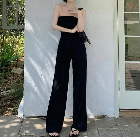 Conjunto de 2 piezas de verano para mujer, top de tubo irregular y pantalones anchos informales de cintura alta a la moda