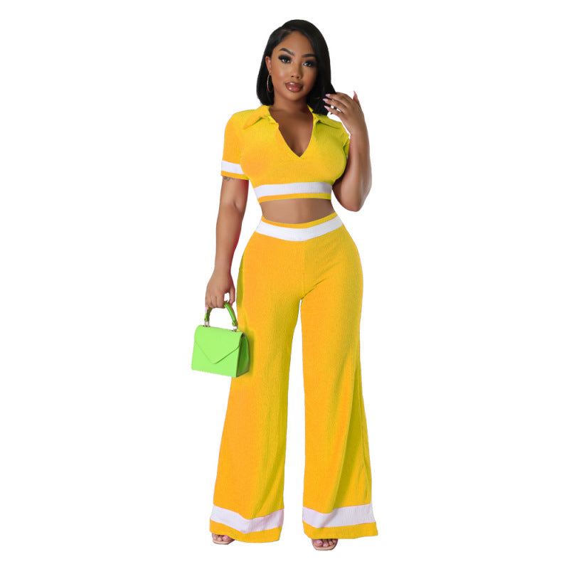 Conjunto de dos piezas de top corto y pantalones cortos de manga corta con bloques de color para mujer