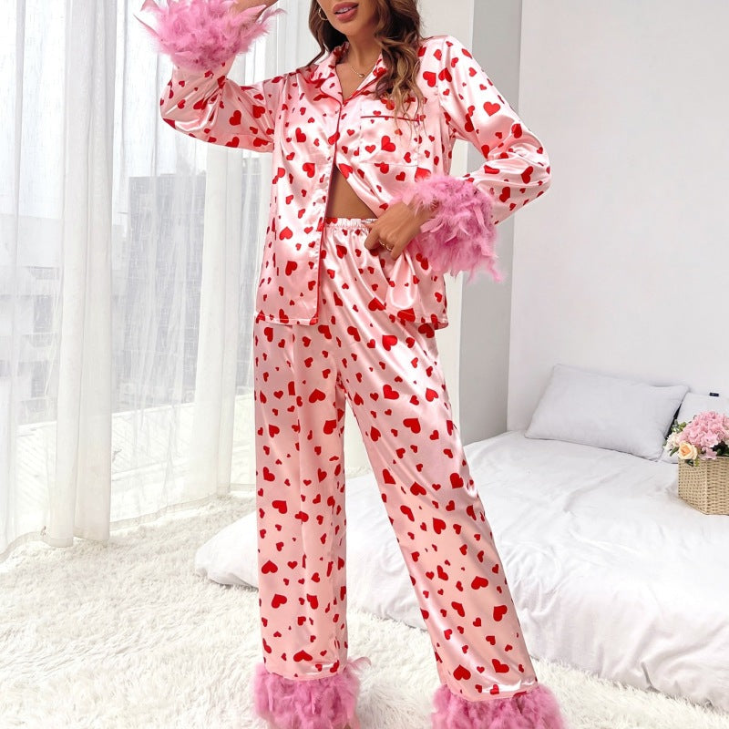 Spring Women Valentine'S Day Sweet Love Heart Print Casual Loungewear Set Feather Plush Pajamas