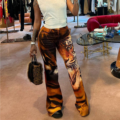 Pantalones microacampanados con estampado de tigre para mujer