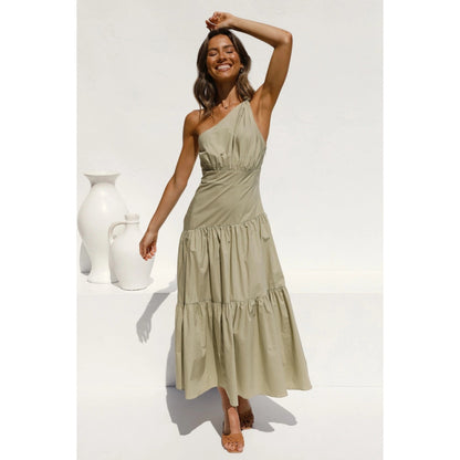 Women Fashion Vacation Floral Print Irregular One Shoulder Casual Maxi Dress