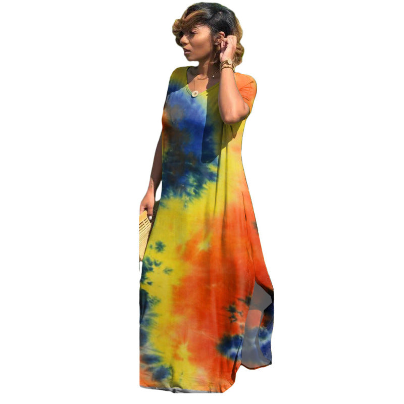 Women Casual Short Sleeves Tie Dye Fashion V Neck Loose Side-slit Maxi Dress