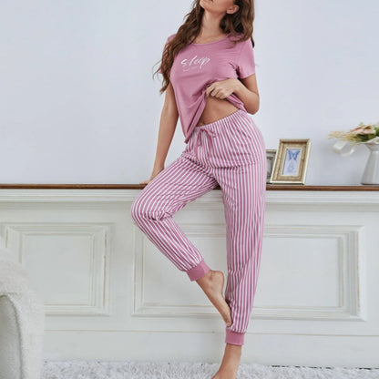 Casual Women Loungewear Letter Short Sleeve Top Stripe Pants Pajamas Sleepwear