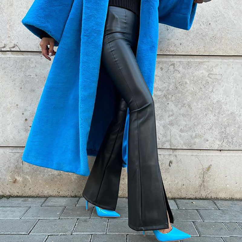 Women Solid Color High Waist PU Leather Casual Flared Pants