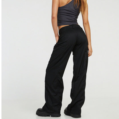 Women Fashion Casual Solid Color Loose Straight Leg Cargo Pants