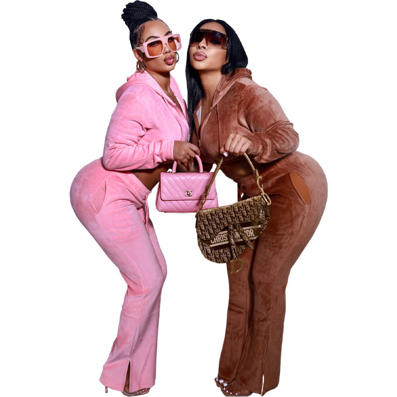 Conjunto deportivo informal de dos piezas para mujer, de terciopelo, con capucha y pantalones cortos de manga larga