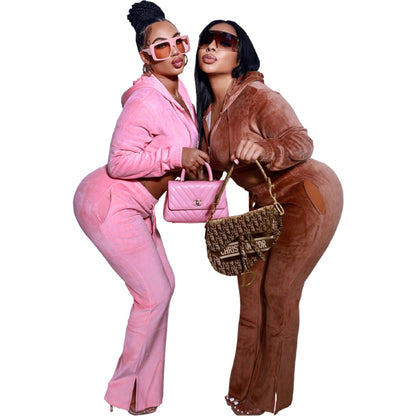 Conjunto deportivo informal de dos piezas para mujer, de terciopelo, con capucha y pantalones cortos de manga larga