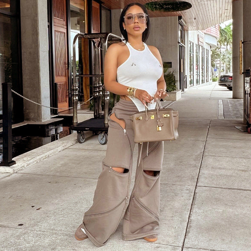Women Fashion Casual Loose Multi-Zipper Pocket Pants