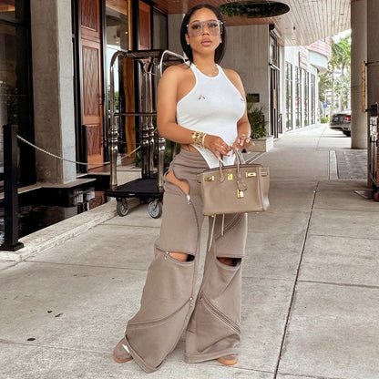 Women Fashion Casual Loose Multi-Zipper Pocket Pants