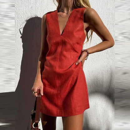 Summer Women Casual Solid Color V-Neck Cotton Linen Sleeveless Dress