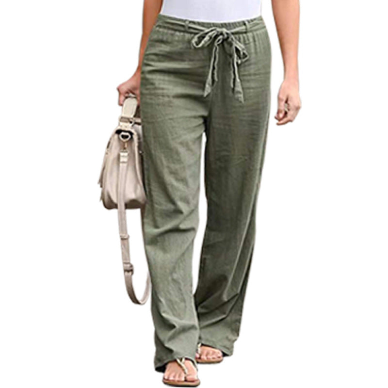 Women Solid Color Linen High Waist Lace Up Wide Leg Casual Pants