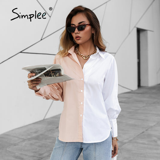 Blusa informal de trabajo para mujer con mangas largas abullonadas, botonadura sencilla y diseño de bloques de color