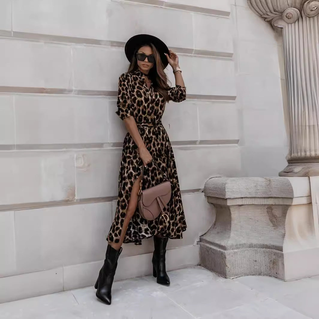 Vestido midi informal con estampado de leopardo y manga larga para mujer, otoño e invierno