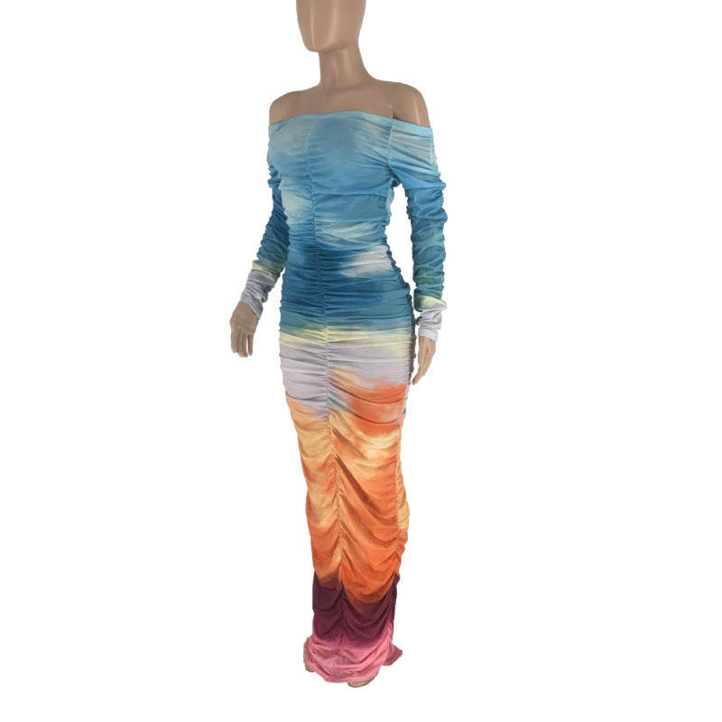 Vestido largo informal elegante con estampado tie-dye, hombros descubiertos y manga larga con pliegues para mujer