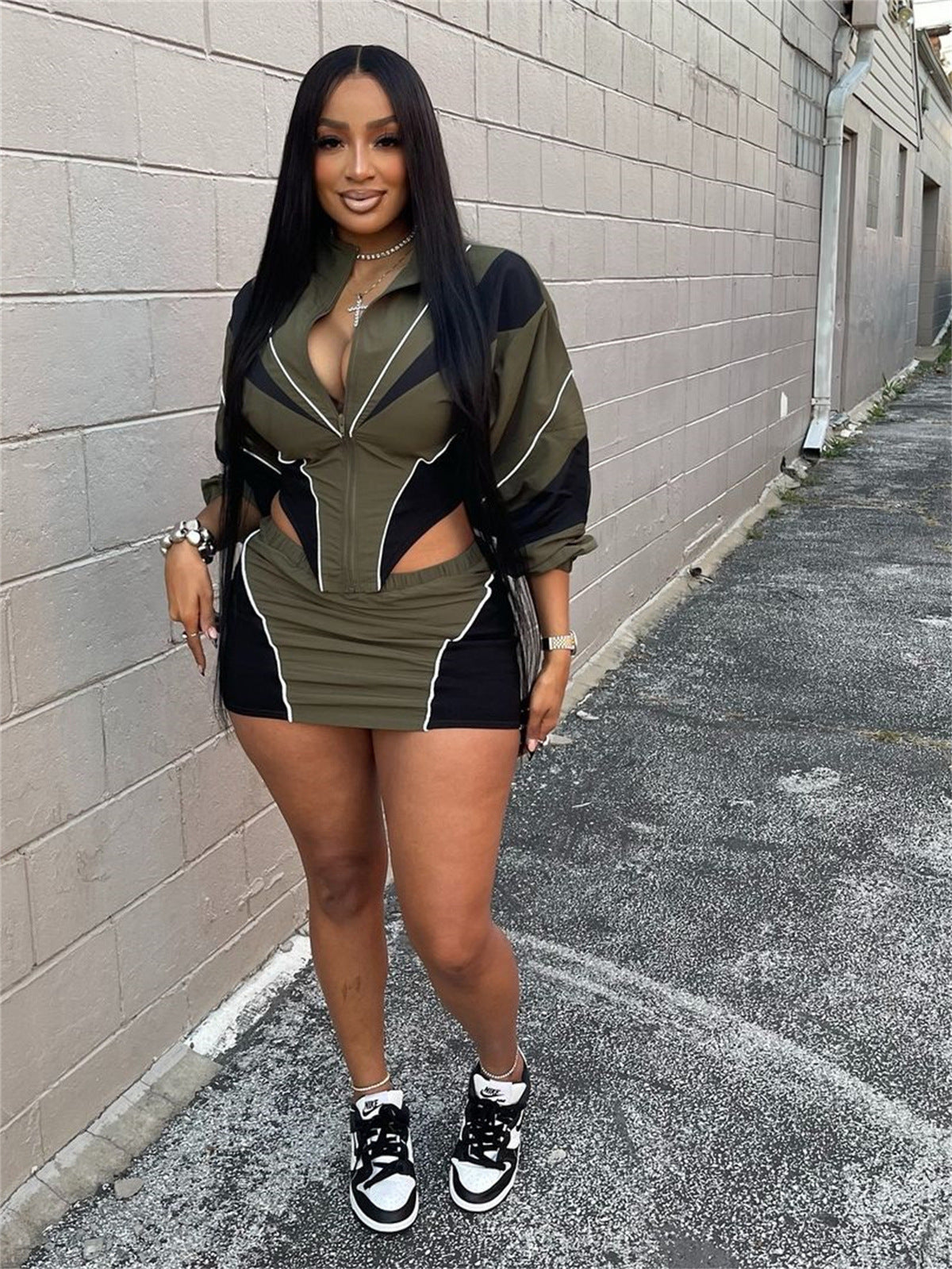 Autumn Winter Sexy Sports Style Loose Casual Contrast Color Long Sleeve Crop Jacket Short Skirt Set