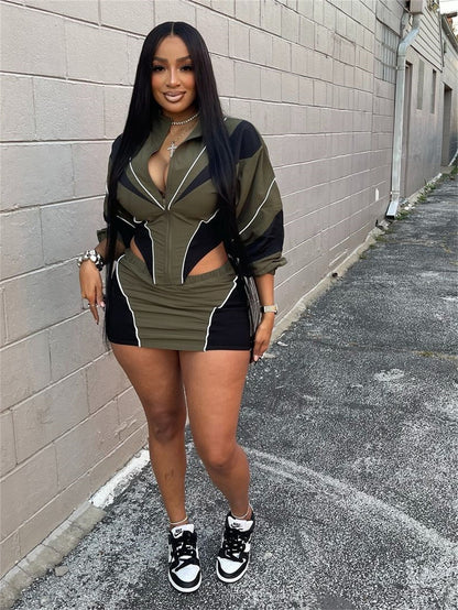 Autumn Winter Sexy Sports Style Loose Casual Contrast Color Long Sleeve Crop Jacket Short Skirt Set