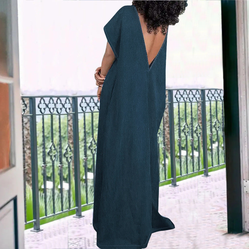 Women Fashion Casual Simple Plus Size Sleeveless Backless Denim Dress