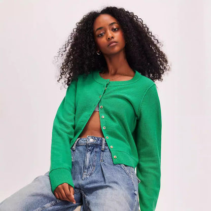 Women Fashion Casual Solid Color Long Sleeve Single Breasted Knitted Sweater