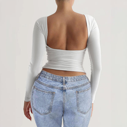 Camiseta informal de manga larga con cuello redondo y espalda descubierta para mujer