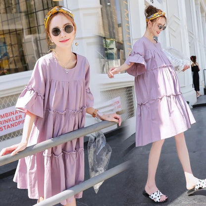 Pregnant Women Fashion Casual Loose Ruffled Stitching Short-Sleeve Dress